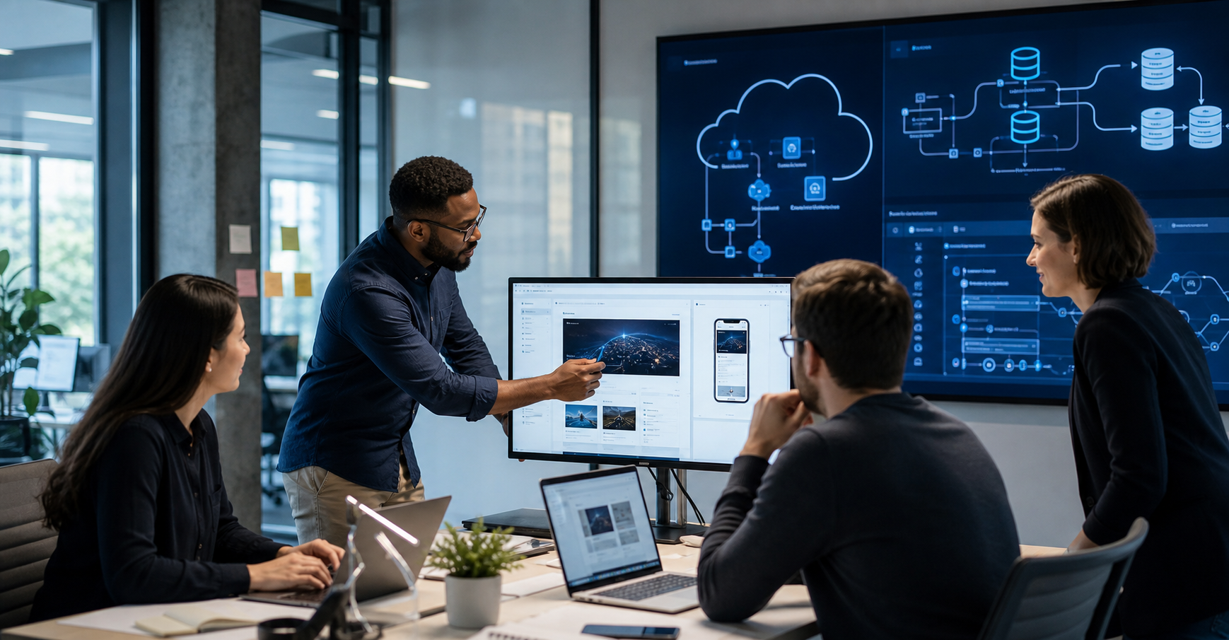 Technology team reviewing cloud architecture and website launch dashboards